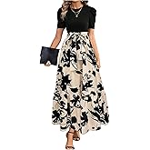 WDIRARA Women's Floral Print Color Block Maxi Dress Puff Sleeve Belted A Line Dresses