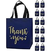 REUGBEXPT 12 Navy Blue Thank You Gift Bags - Sturdy, Reusable, Medium 8x5x10 with Handles, Non-Woven for Weddings, Teachers, Father's Day, Parties, Birthdays & Graduations
