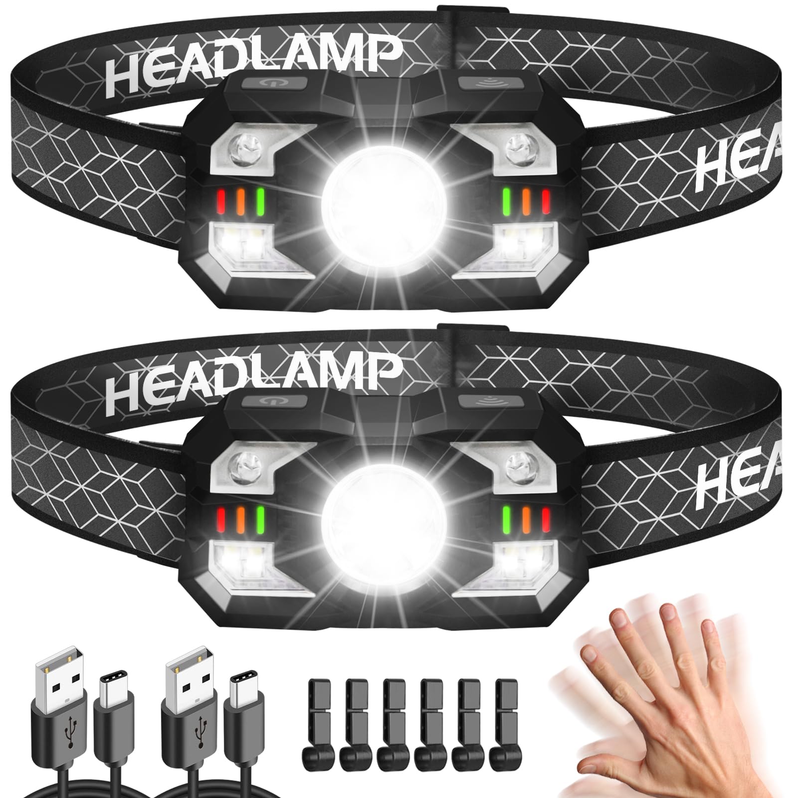 Hyted Head Torch Rechargeable, 2 Packs Super Bright 2000 Lumens LED Headlamp Headlight with Motion Sensor, 10 Light Modes, Waterproof Headtorch for Camping, Running,Cycling,Fishing