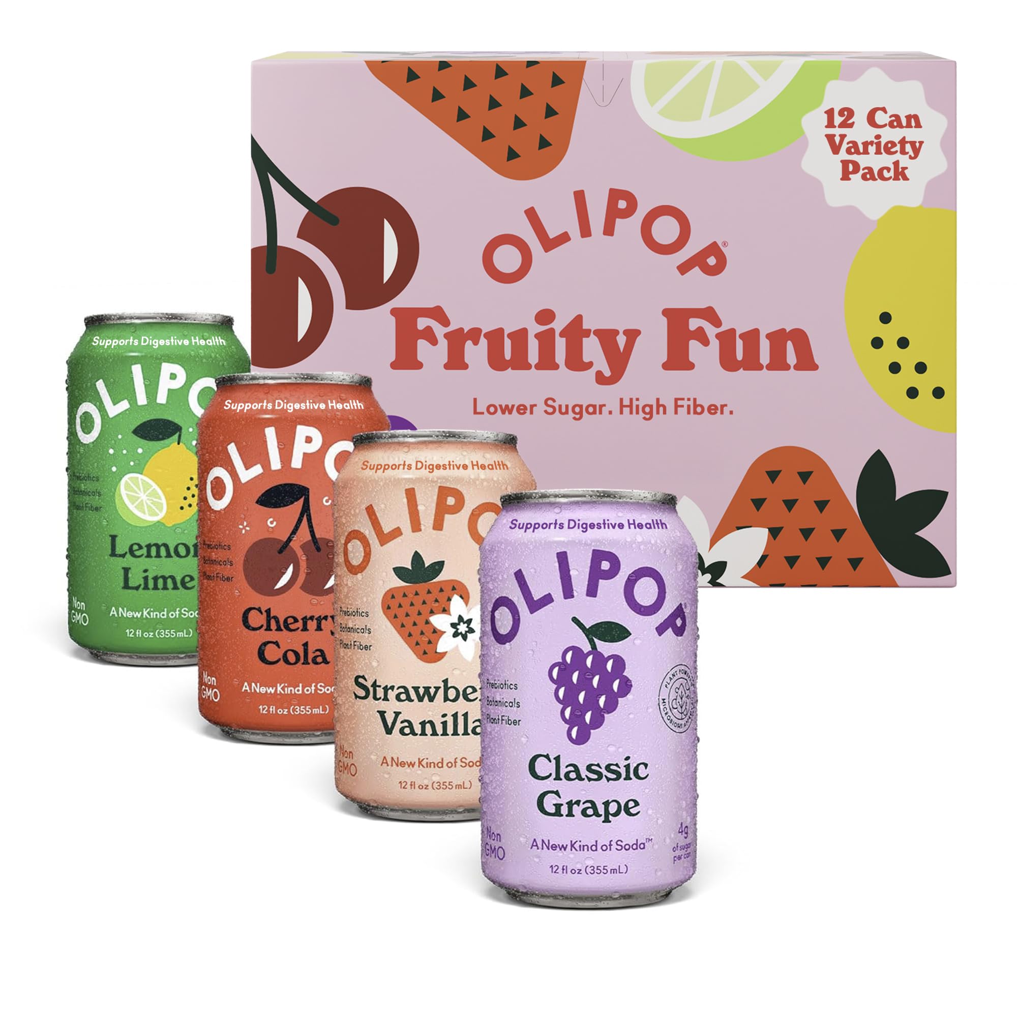 Photo 1 of ****BB JUL 2026***OLIPOP Prebiotic Soda Pop, Fruity Fun Variety, Pantry Pack Packed with Prebiotics, Fiber, and Botanicals, Gluten Free, Vegan, GMO Free, 12oz (12-Cans)