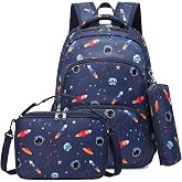 mygreen Kids Backpack Set, 3-in-1 School Backpack with Lunch Box &amp; Pencil Case for Boys Girls, Lightweight Durable for Daycare, Picnic, Outdoor Travel Dark Blue Rocket