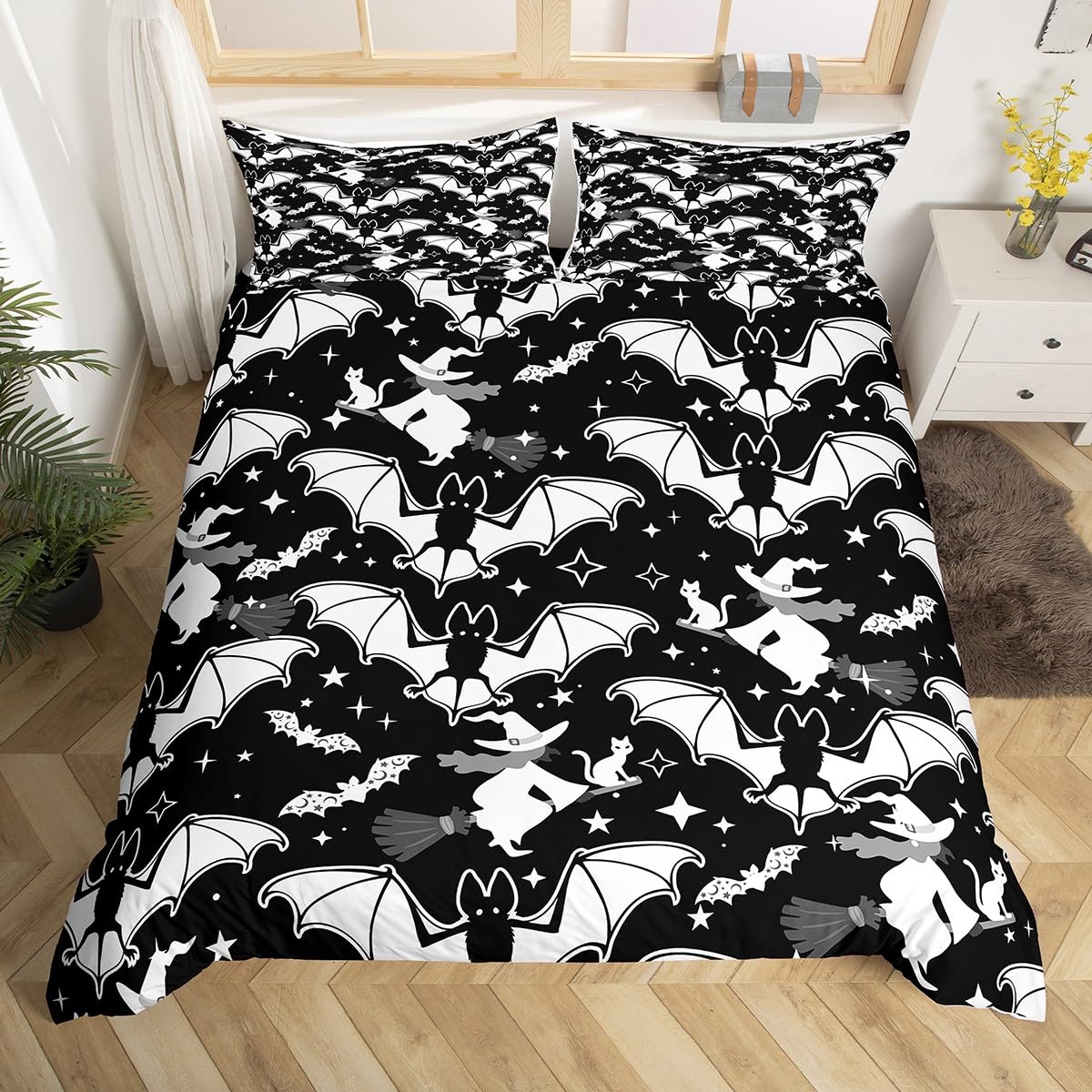 Bat Duvet Cover Set Halloween Bedding Set for Kids Boys Girls Wizard Cat Comforter Cover Set Microfiber Black White Bedspread Cover Bedroom Bedclothes King