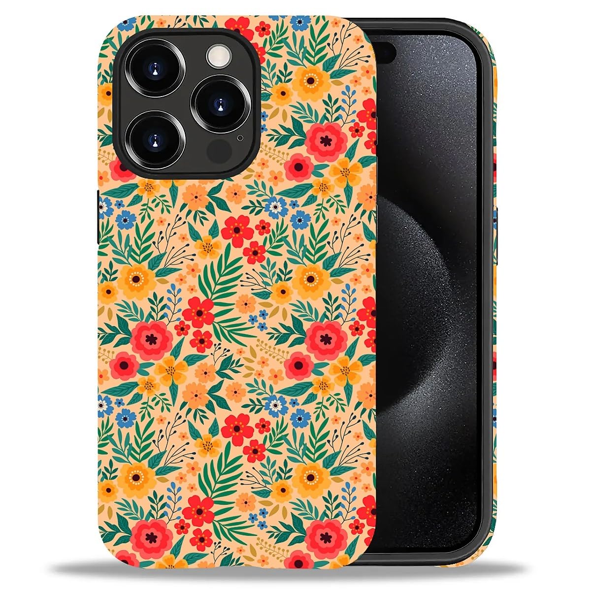 ZHEGAILIAN Case for iPhone 15 Pro,Orange Floral 2 in 1 Hard Shell + Silicone,Shockproof Bumper Drop Protective Compatible with iPhone 15 Pro