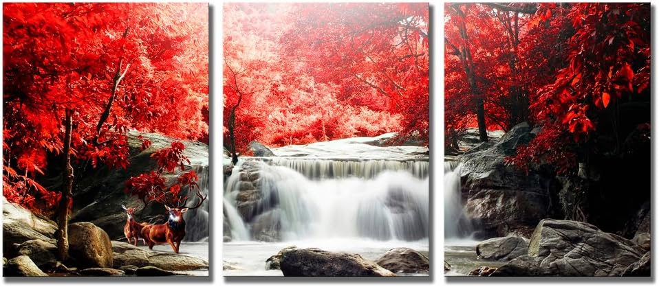 ModeArt Waterfall Wall Art Artwork Oil Painting For Living Room Modern Deer Playing Under The Red Woods Canvas Printed Paintings for Home Wall Decorations …