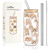 Joeyan 20 oz Glass Cups with Bamboo Lids and Straws,Boho Can Shaped Beer Drinking Glasses,Gifts for Women,Cute Iced Coffee Tumbler with Colored Rainbow Pattern,Cocktail Smoothie Tea Soda Glassware