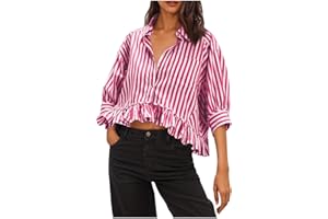 MXALUOB Summer Tops for Women 2025 Trendy Striped 3/4 Sleeve Casual Work Shirts Y2K Ruffle Hem Loose Fit Cropped Blouse