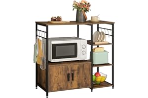 Iwell Baker's Rack, 4 Tiers Coffee Bar with Storage, Microwave Stand, Coffee Station with 8 S-Shaped Hooks, Vintage Brown