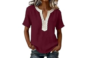 Womens Cotton Linen Tops Lightweight Lace V Neck Short Sleeve Loose Comfy Shirt Summer Casual Fashion Workout Clothes