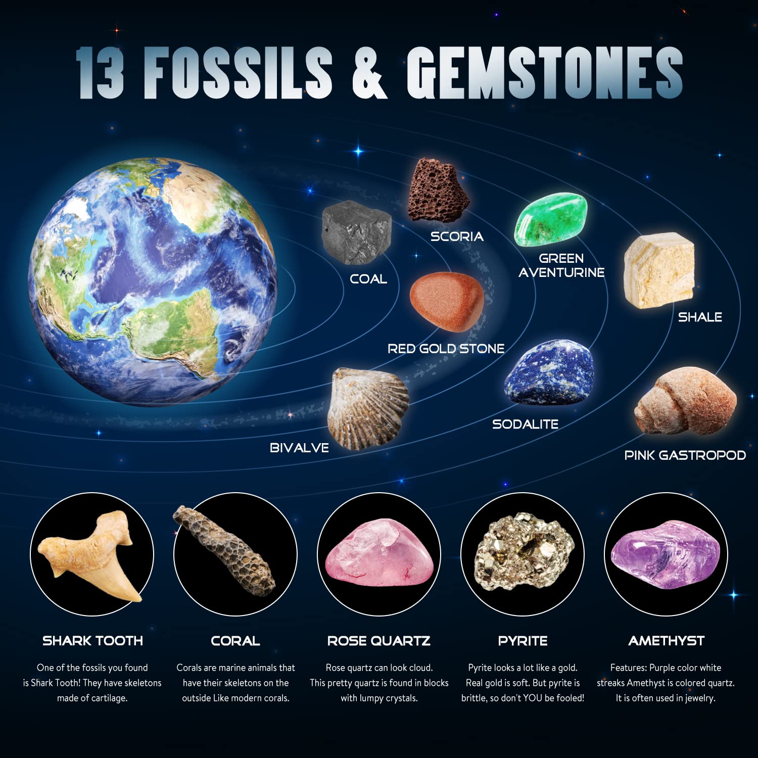 XXTOYS Solar System Gemstone Dig Kit - Dig Up 13 Gems, Rocks & Fossils - Space Toys Science Kits for Kids, Great Geology Gift for Boys & Girls 6-8 STEM Educational Toys