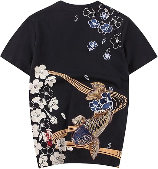 Amazon スゴフィ Sgfy メンズ Tシャツ 半袖 刺繍 和柄 刺青鯉柄 花柄 プリント 桜 川 波柄 L ブラック Tシャツ カットソー 通販