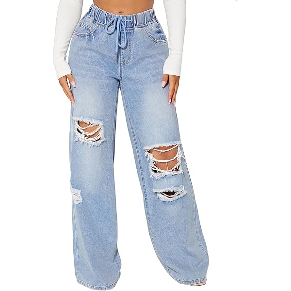 Floerns Women's Drawstring Waist Cut Out Ripper Wide Leg