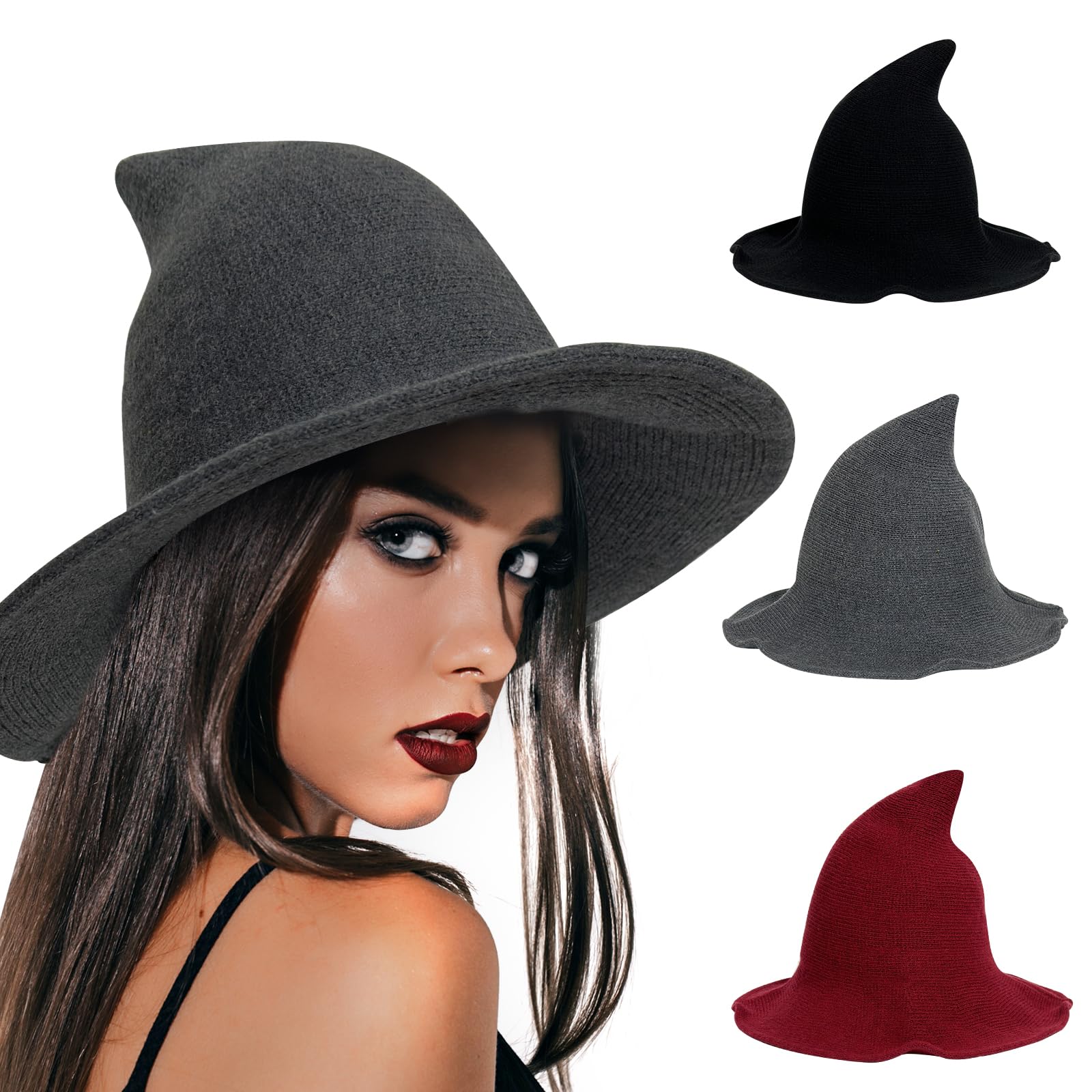 Photo 1 of GUOQIANG Halloween Adult Modern Witch Hats for Women - Gray Witches Hat Womans Witch Costume Accessories Wool Knit Halloween Party Witch Hat
