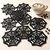 Black Spider Web Felt Coasters Halloween Fall Coffee Cup Coaster Set of 6 | Hollow Spider Web Felt Coasters for Halloween Gatherings, Blocks Hot Drink Heat to Protect Tabletop for Fall Holiday Decor