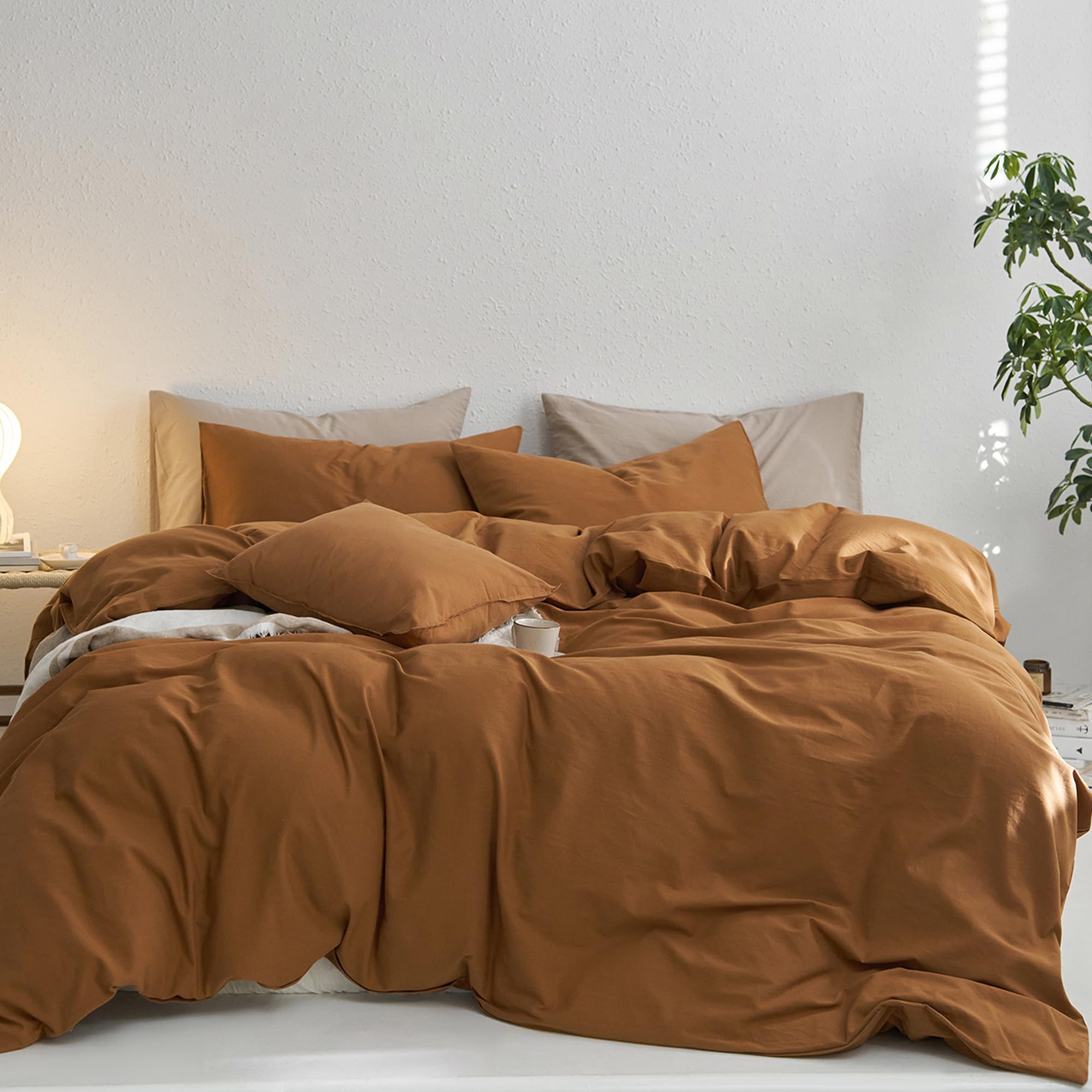 Photo 1 of MooMee Twin Duvet Cover Set, 100% Washed Cotton Linen Like Twill Thick Sturdy Material Super Soft Breathable Durable Bedding for All Season, 2 Pieces (Dark Orange, Twin 68"x90")