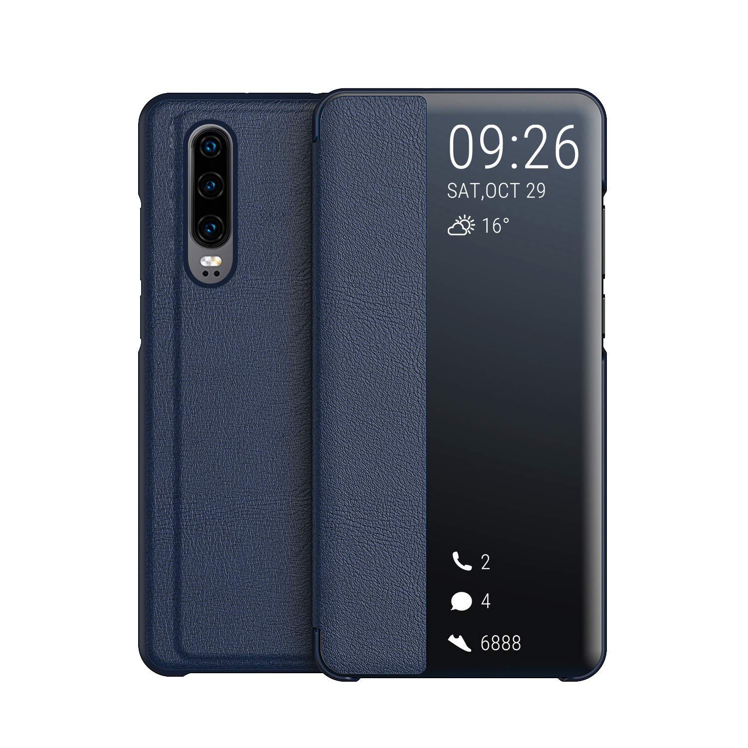 KANSi compatible for Huawei P30 Case, Smart View Flip PU Leather Case Cover + Tempered Glass - Navy