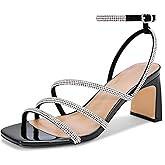 Womens Rhinestone Heels, Square Toe Ankle Strap Block Heel Dress Shoes for Wedding & Party