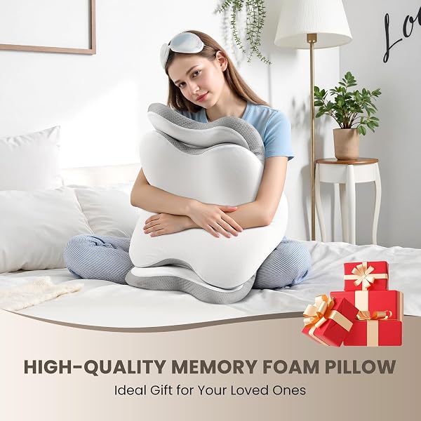 JINXIA CERVICAL NECK PILLOW FOR SLEEPING, ODORLESS MEMORY FOAM PILLOWS & SOFT SILK COVER, ERGONOMIC ORTHOPEDIC PILLOW FOR SIDE BACK STOMACH SLEEPERS, NECK AND SHOULDER PAIN RELIEF, WHITE AND GRAY