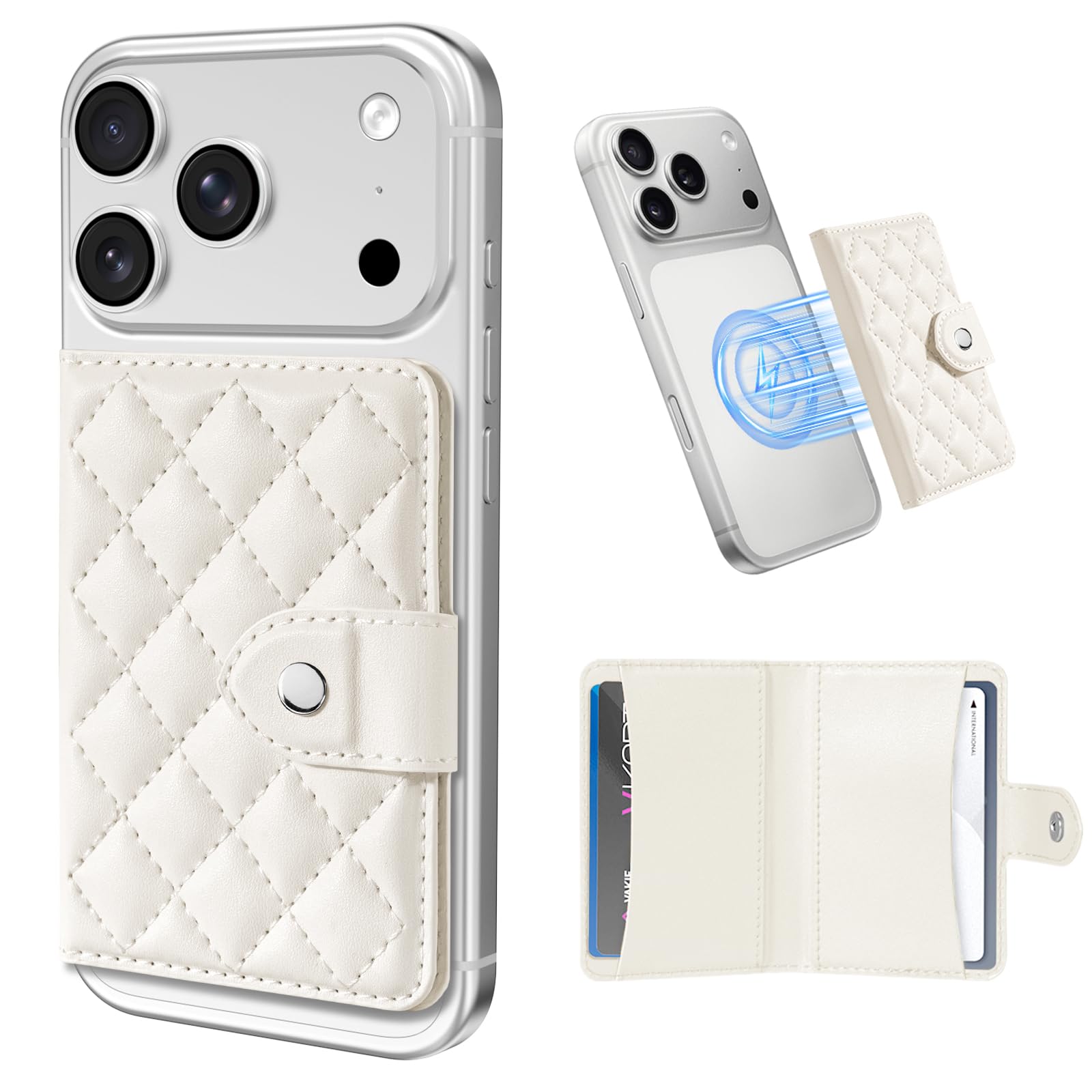 Dadanism Compatible with Magsafe Wallet Magnetic 4-Card Holder, Magnetic Wallet for iPhone, RFID Blocking, Diamond Quilting Leather, Slim for iPhone 17/16/15/14/13/12 Series, Not for 13/12 Mini, White