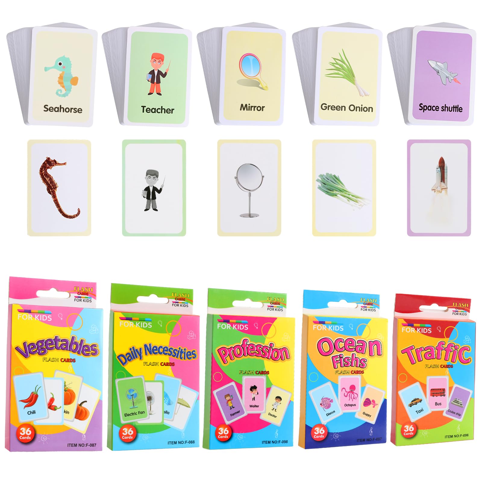 LUCKNIGHT 180 Educational Flash Cards5 Pack Learning Flash CardsDaily NecessitiesTrafficOcean FishsProfessionsVegetable Flash Cards for Toddlers Kids Baby Early Learning Flashcards (36Pcs/Pack)