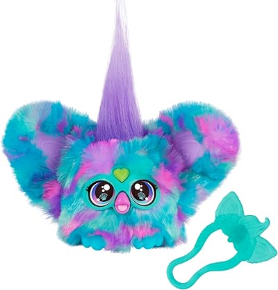 Furby Mer-May Mini Plush Toy, 45+ Sounds, Blue/Green, Keychain Clip