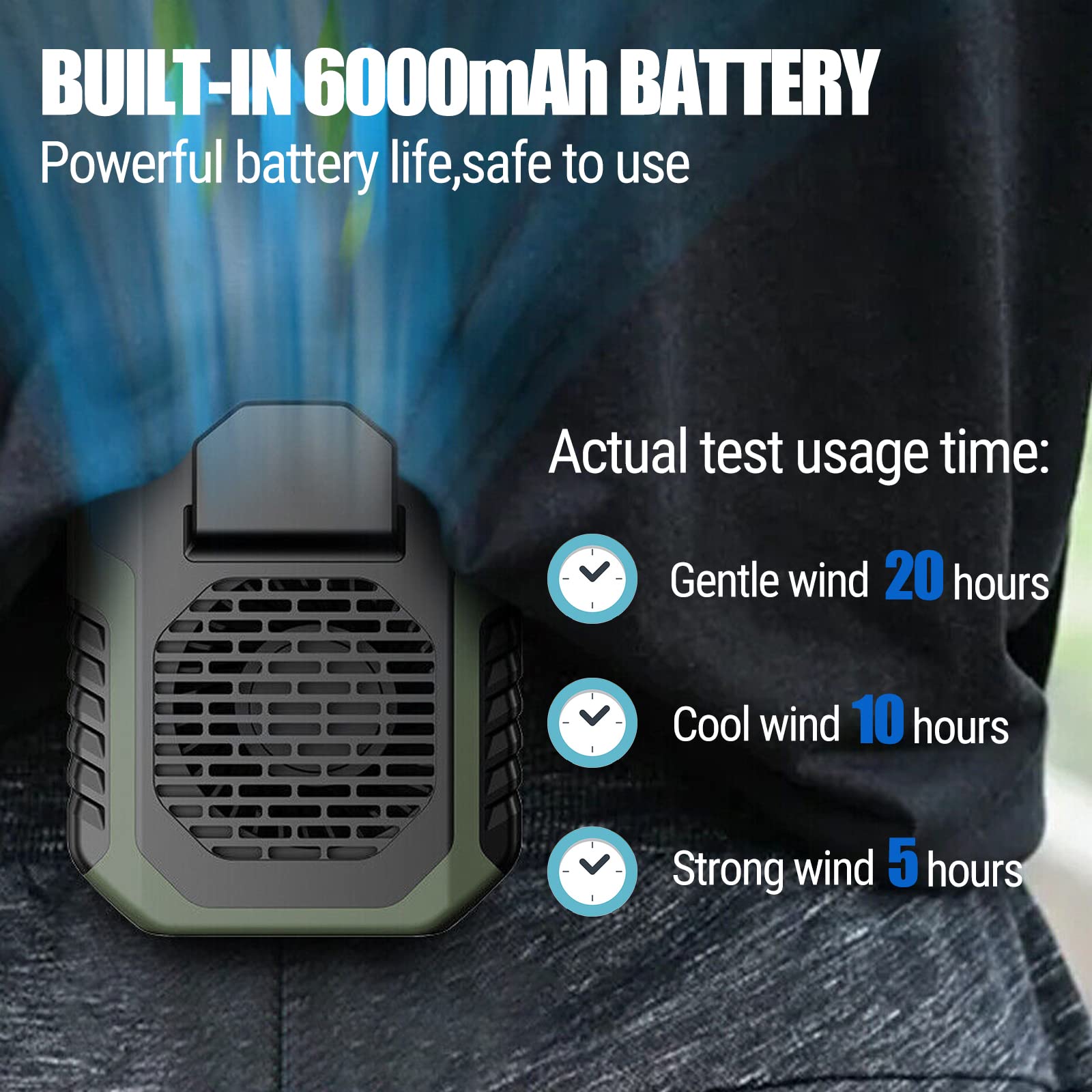 Drosica Portable Waist Fan 6000mAh Rechargeable, Necklace Fan with 20H Working Time 3 Speeds 6000RPM Strong Airflow Personal Fan for Outdoors, Jobsite, Farm, Travel, Riding (Green)