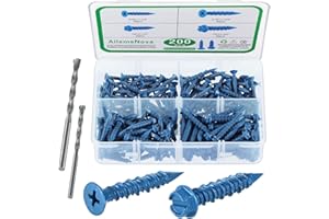 200Pcs Concrete Screws 1/4 3/16 Assortment Kit, AilemeNova Concrete Screws with Drill Bit, Flat & Hex Head Masonry Block Brick Cement Screws and Anchors, Concrete Screws No Pre Drilling