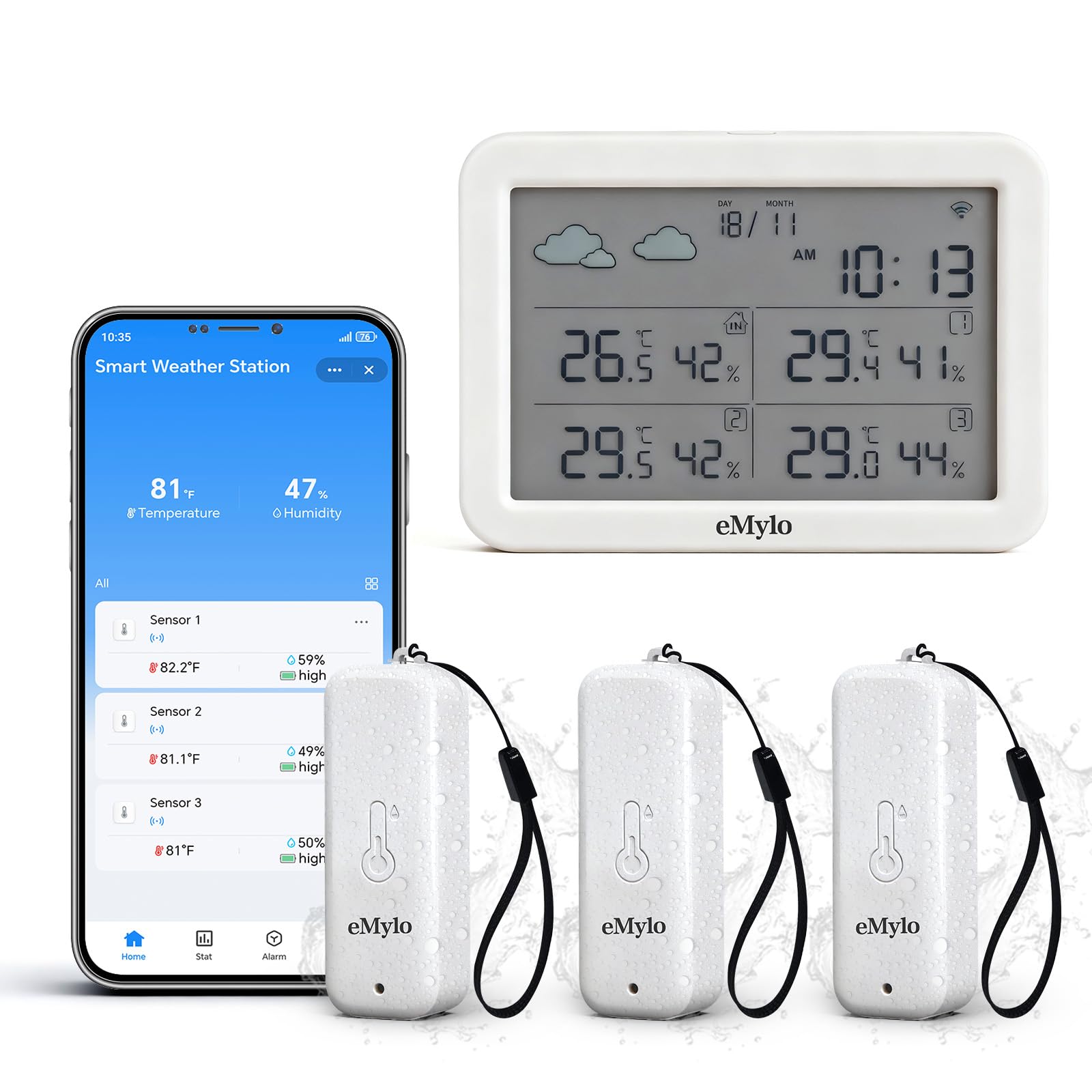 Photo 1 of **MISSING PARTS**
eMylo WiFi Hygrometer Thermometer 4 Pack, Smart Digital Indoor Temperature Humidity Monitor 426Ft Rang with 3 IP65 Wireless Sensors Outdoor Kit, App Alerts, Free Data Storage Export, Works with Alexa