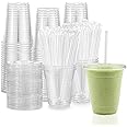 TashiBox[100 sets 12 oz plastic cups with lids and straws disposable, lemonade stand supplies,coffee essentials,smoothie cups