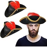 Liitrsh 2 Pcs Tricorn Pirate Hat with Feather, Buccaneer Colonial Hat for Adults Renaissance Costume for Halloween Party
