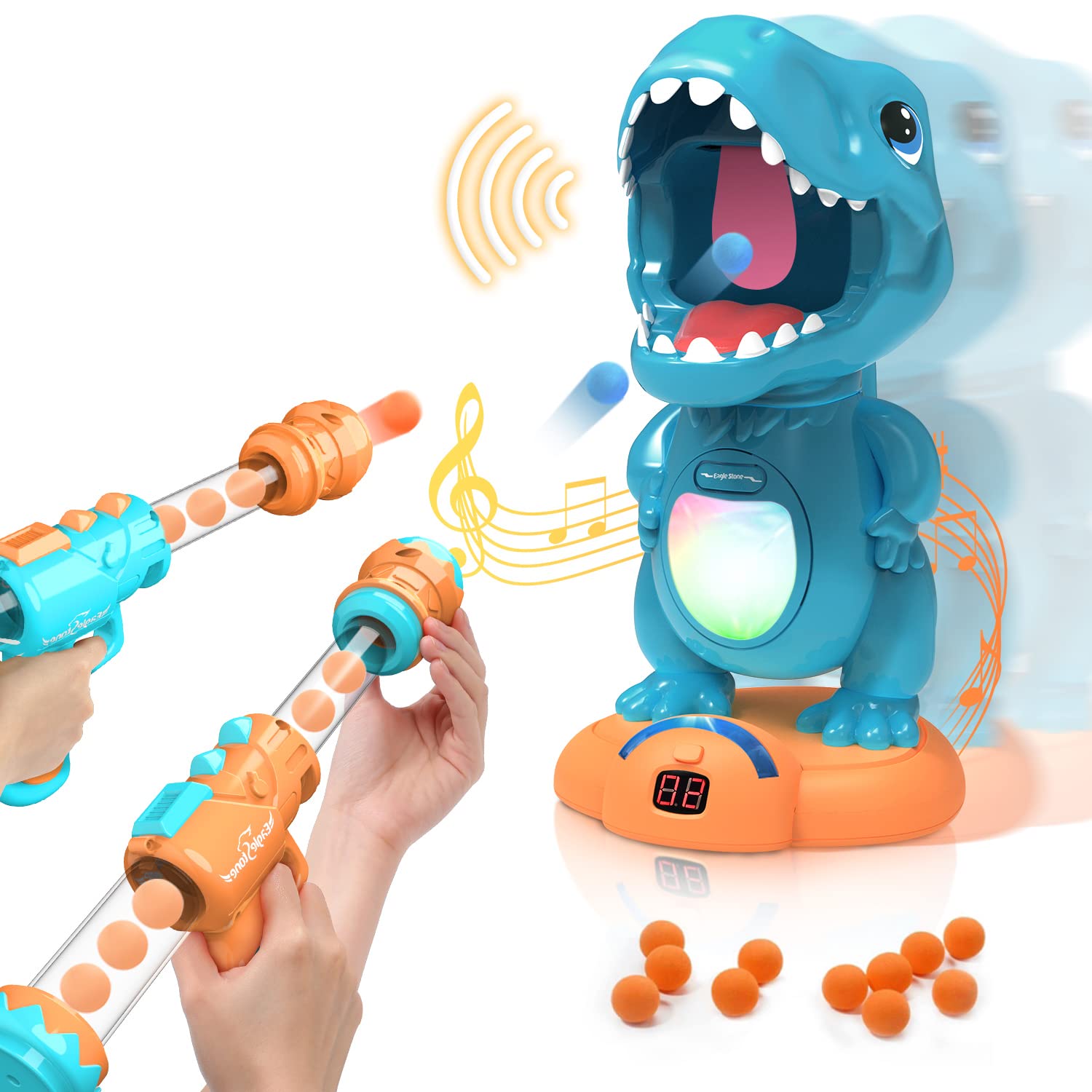 EagleStone Movable Dinosaur Shooting Toys for Boys – Electronic Target Practice with 2 Air Pump Guns, LCD Score Tracker, Sound Effects & 48 Foam Balls, for Kids 5 6 7 8 9