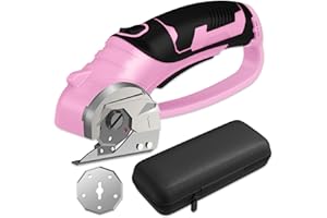 PRATUOR Cordless Electric Scissors, 4V Box Cutter & Cardboard Cutter with 2 Titanium Blades - Rotary Cutter with LED Light for Fabric, Leather, Carpet, Plastic, Crafting + Storage Case (Pink)