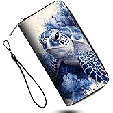 DSRGRGFDJ Leather Wallet for Women,Large Capacity RFID Blocking Clutch,Zip Around Purse with 42 Card Slots,Bill Compartments Coin Pocket-Turtle Retro Flower