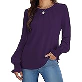 Funlingo Womens Long Sleeve Tops Fashion Fall Shirts Scoop Neck Pleated Ruffle Loose Tunic Tops Business Work Blouse