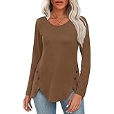 CATHY Womens Tops Dressy Casual Crew Neck Long Sleeve Shirts Button Side Tunic to Wear with Leggings