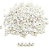 Amaney 300pcs Vowel Beads 7×4mm White Round Acrylic Gold Alphabet Letter Beads A E I O U for Jewelry Making Each 60pcs
