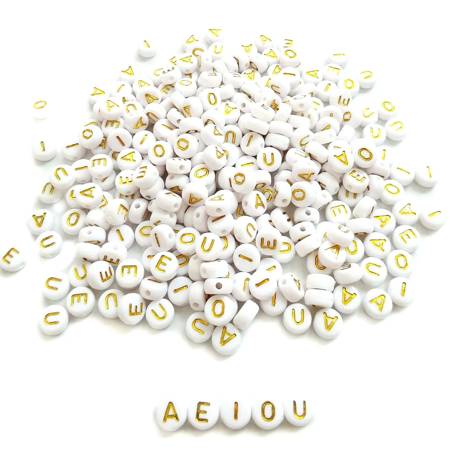 Photo 1 of Amaney 300pcs Vowel Beads 7×4mm White Round Acrylic Gold Alphabet Letter Beads A E I O U for Jewelry Making Each 60pcs