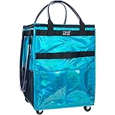 Reusable Grocery Bag On Wheels, Shopping Trolley, Rolling Tote with 8 Pockets and Zipper Cover, Foldable, Heavy Duty Handles, Carries Up to 46 LBS (Medium, Glitter Blue)