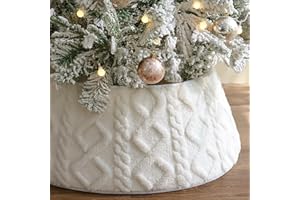 Bunny Chorus Christmas Tree Collar, Rustic White Luxury Plush Faux Fur Tree Collar with Textured Crossed Diamond Pattern, Soft Boho Xmas Tree Ring Beige Tree Skirt for Holiday Decorations Home Decor