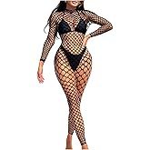 MakeMeChic Women's Hollow Out Fishnet Lingerie Bodysuit Long Sleeve Crew Neck Backless Cover Up