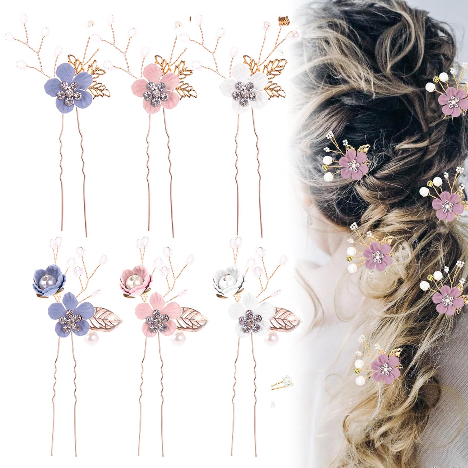 6 PCS Bride Wedding Flower Hair Pins Rhinestone Pearl Leaf Flower Hair Side Combs Crystal Headpieces Brides Bridesmaids U-shaped Hair Clip Hair Jewelry Twist Spiral Hair Accessories for Women Girls