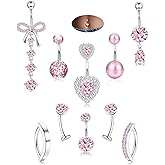 JeryWe Hypoallergenic Belly Button Ring Surgical Stainless Steel Dainty Dangle Navel Piercing Jewelry CZ Bow Heart Ball Pearl Clicker Piercings for Women