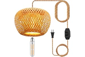 YIIZON Plug in Pendant Light Fixture with Hand Woven Bamboo Lamp Shade Dimmer Switch Hanging Lights with Plug in Cord Boho Wicker Rattan Hanging Lamp for Living Dinning Room Bedroom Kitchen Island
