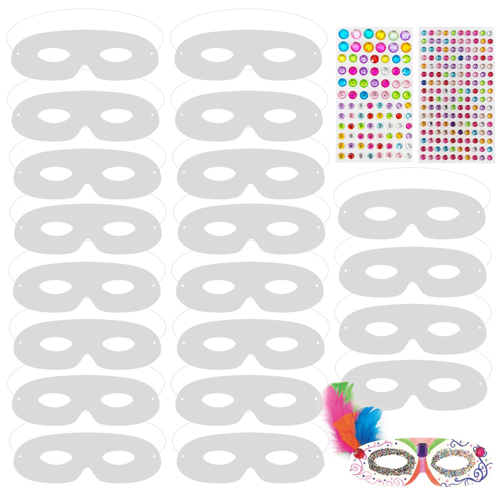 Cosysparks DIY White Paper Masks, 20 Pcs Die Cut Paper Masks with Rhinestone Stickers White Masks to Decorate DIY Blank Halloween Mask Masquerade Mask Half Face Masks for Party Supplies