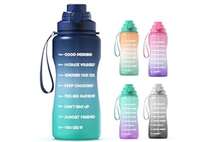 Y&3 64oz Half Gallon Water Bottle with Straw & Time Marker, Motivational Water Bottle with Handle, Leakproof, Tritan BPA Free Water Jug, for Fitness, Gym, Outdoor (Blue/Green Gradient, 64oz)