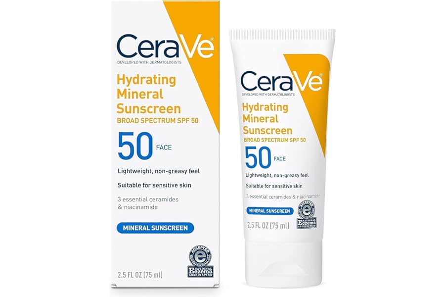 CeraVe 100% Mineral Sunscreen SPF 50, Face sunscreen With Zinc Oxide & Titanium Dioxide, Hyaluronic Acid + Niacinamide + Ceramides, Oil Free, Travel Size 2.5 oz