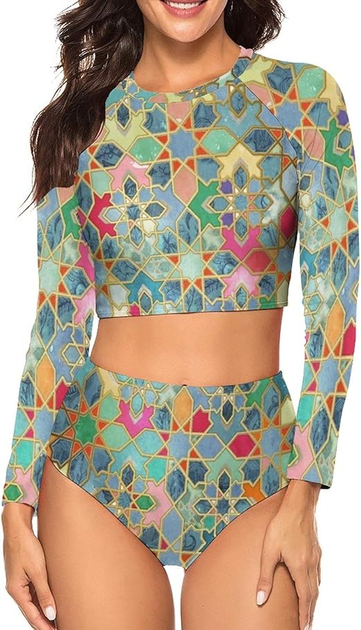 Colorful Art Patterns Swimsuit Women's Long Sleeves Bikini Set UV Rays