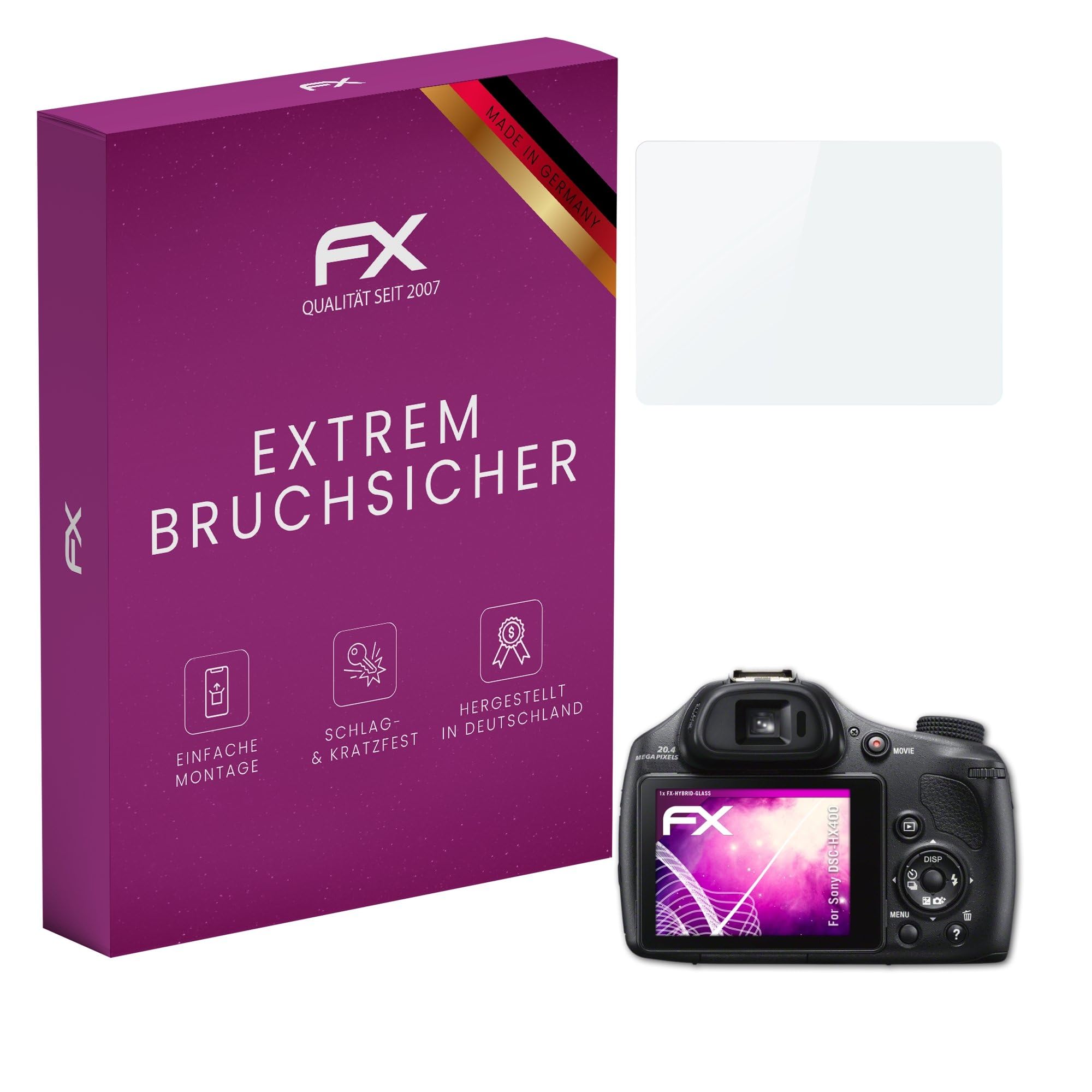 atFoliX Plastic Glass Protective Film compatible with Sony DSC-HX400, 9H Hybrid-Glass FX Screen Protector