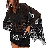 Womens Lace Poncho Top Y2k Batwing Sleeve Sheer Top Sexy See Through Chiffon Blouse Loose Ruffle Flowy Shirt