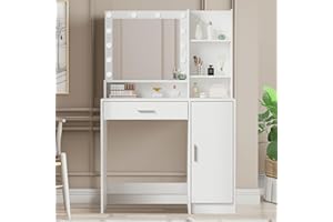 Palimder Vanity Desk with Lights Dressing Table Set with Large Drawers Vanity Mirror 3 Lighting Color Adjustable White