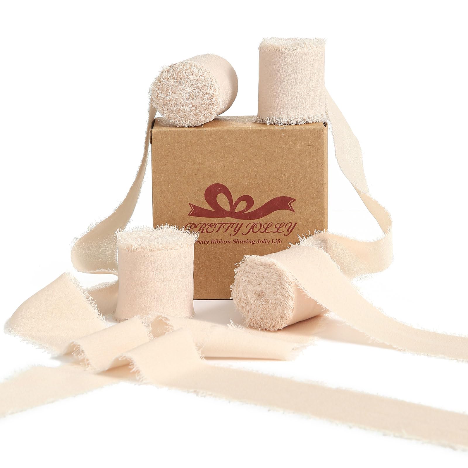 Pretty Jolly Beige Chiffon Ribbon for Gift Wrapping 1 1/2 Inch 20Yd Wedding Car Ribbons Handmade Fringe Silk Ribbon for Cake Flower Bouquet Wedding Invitations DIY Crafts and Hair Bow